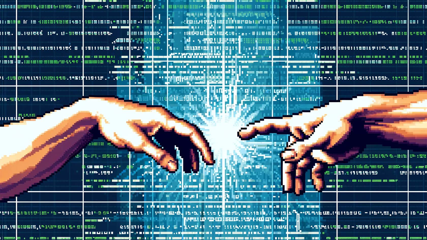 Michelangelo-Hände vor Computer-Code (mit KI generiertes Bild)