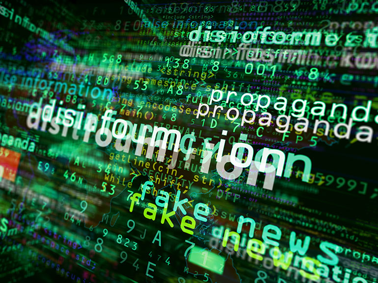 Abstract 3D visualisation with 'disinformation', 'fake news' und 'propaganda'