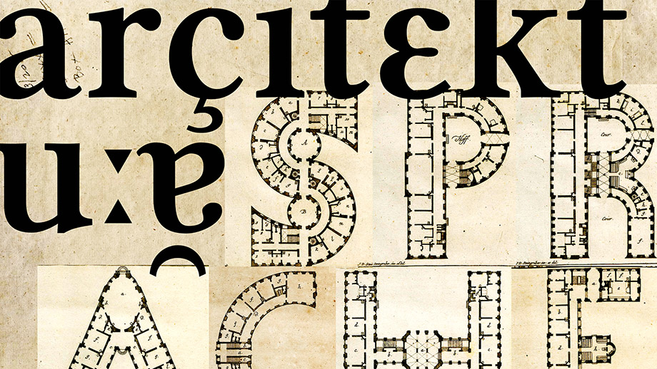 "architektur" in alten Buchstaben, "SPRACHE" als Gebäudepläne