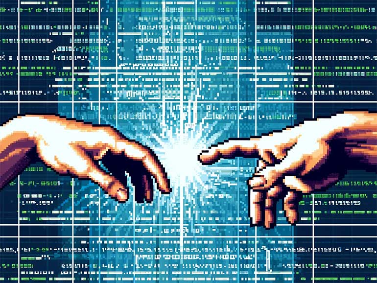 Michelangelo hands in front of computer code (image generated with AI)