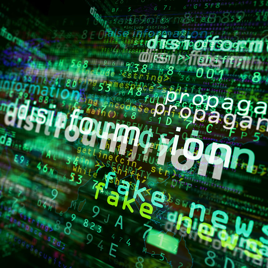 Word cloud with "Disinformation", "Fake News", "Propaganda"