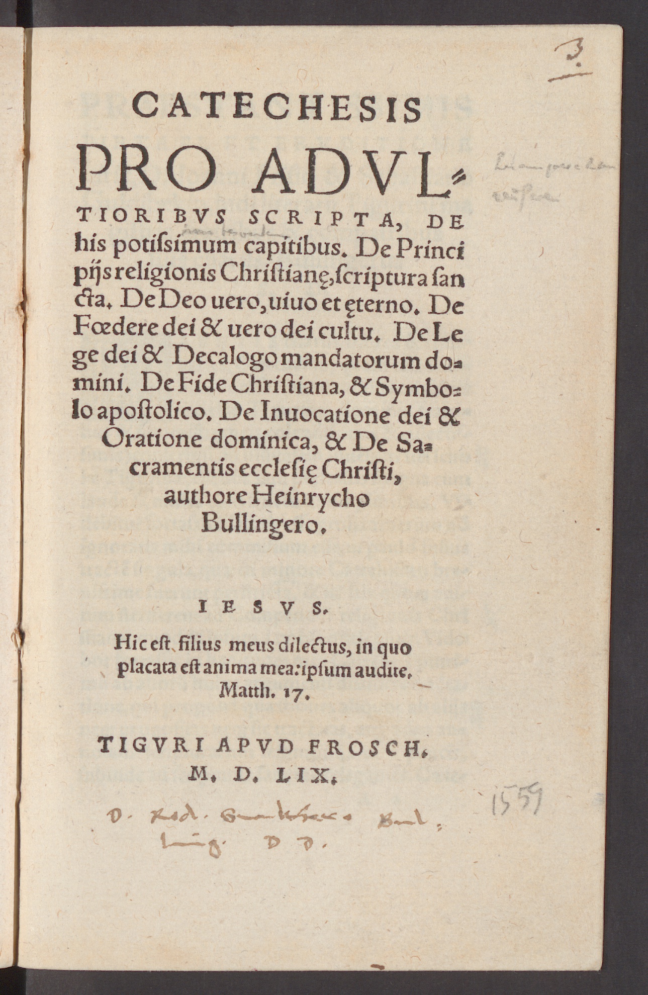 Titelseite Heinrich Bullinger, Catechesis pro adultioribus