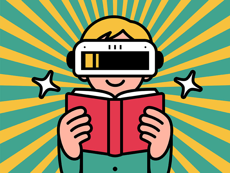 Person mit Buch und VR-Brille