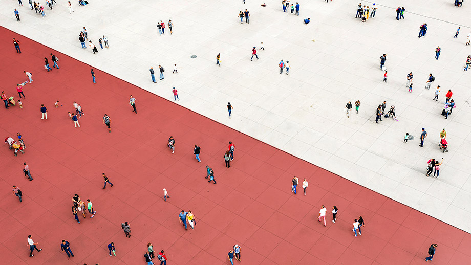 People separated on red and white floors