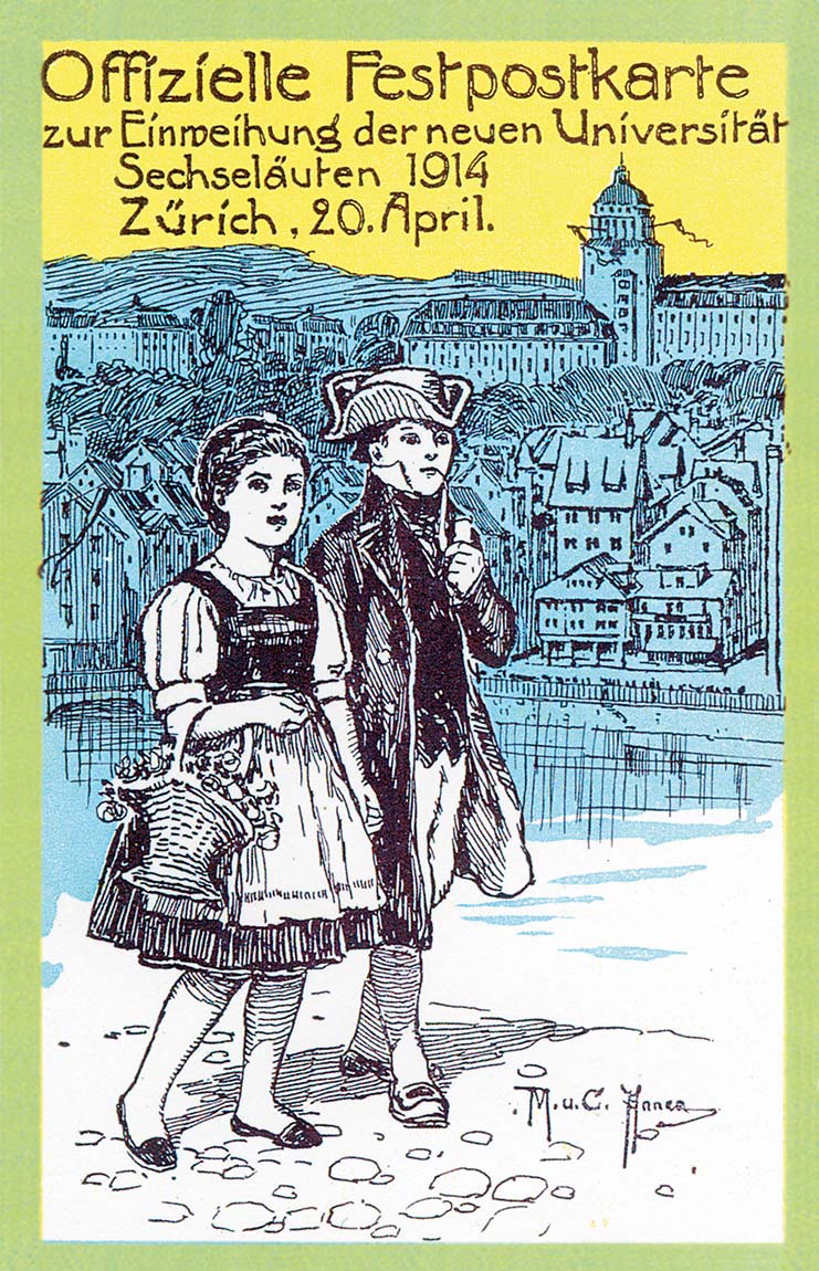 1914 – Einweihung Universitätsgebäude (Im Bild: Offizielle Festpostkarte zur Einweihung anlässlich des Zürcher Sechseläutens)