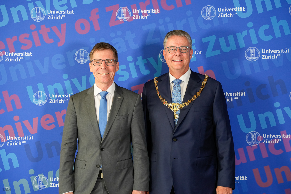 Joël Mesot, President of ETH Zurich, and President Michael Schaepman at UZH’s Dies academicus 2026 (Photo: UZH Campus Culture)