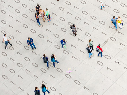 Crowd walking over binary code