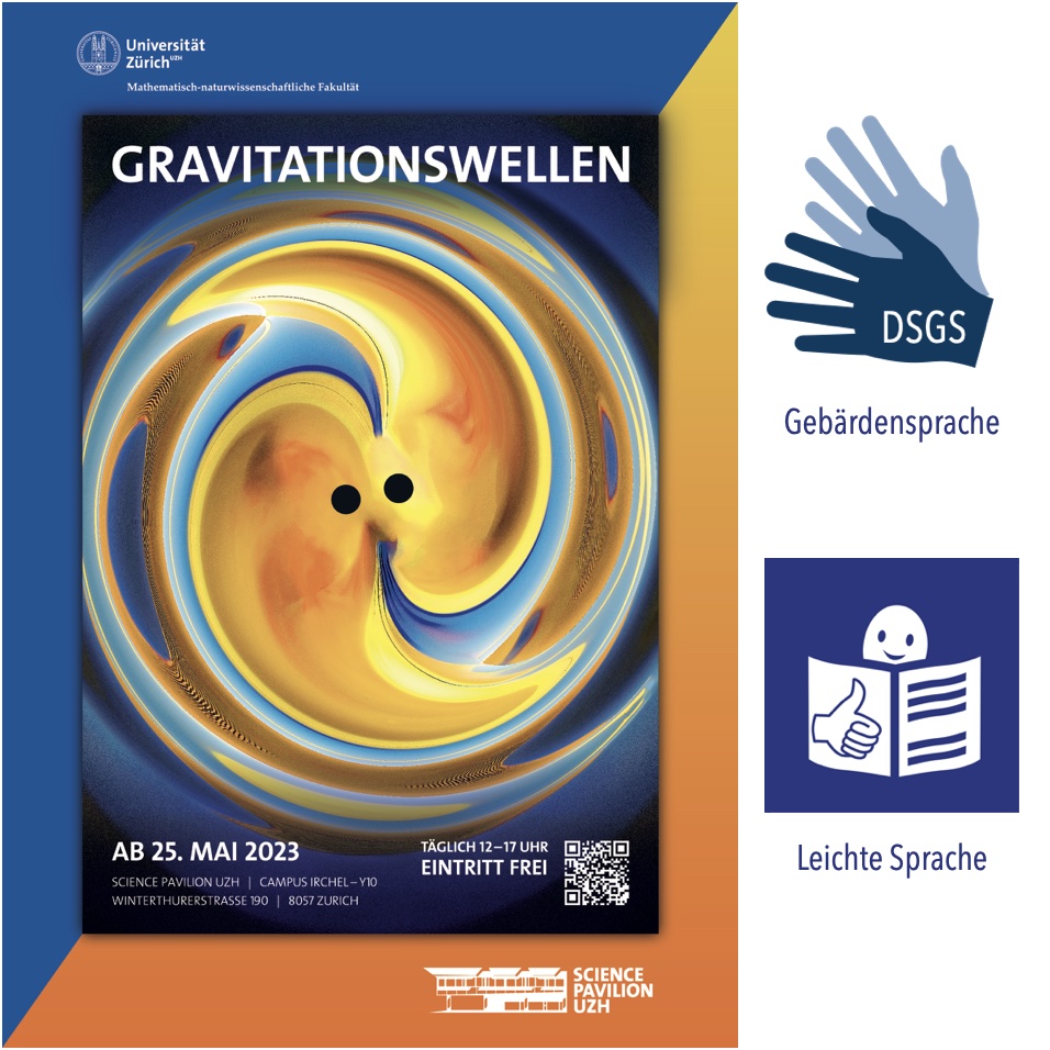 Infografik: Gravitationswellen-Ausstellung im Science Pavilion UZH. Die Ausstellung wird ab dem 25. März zu besuchen sein. 