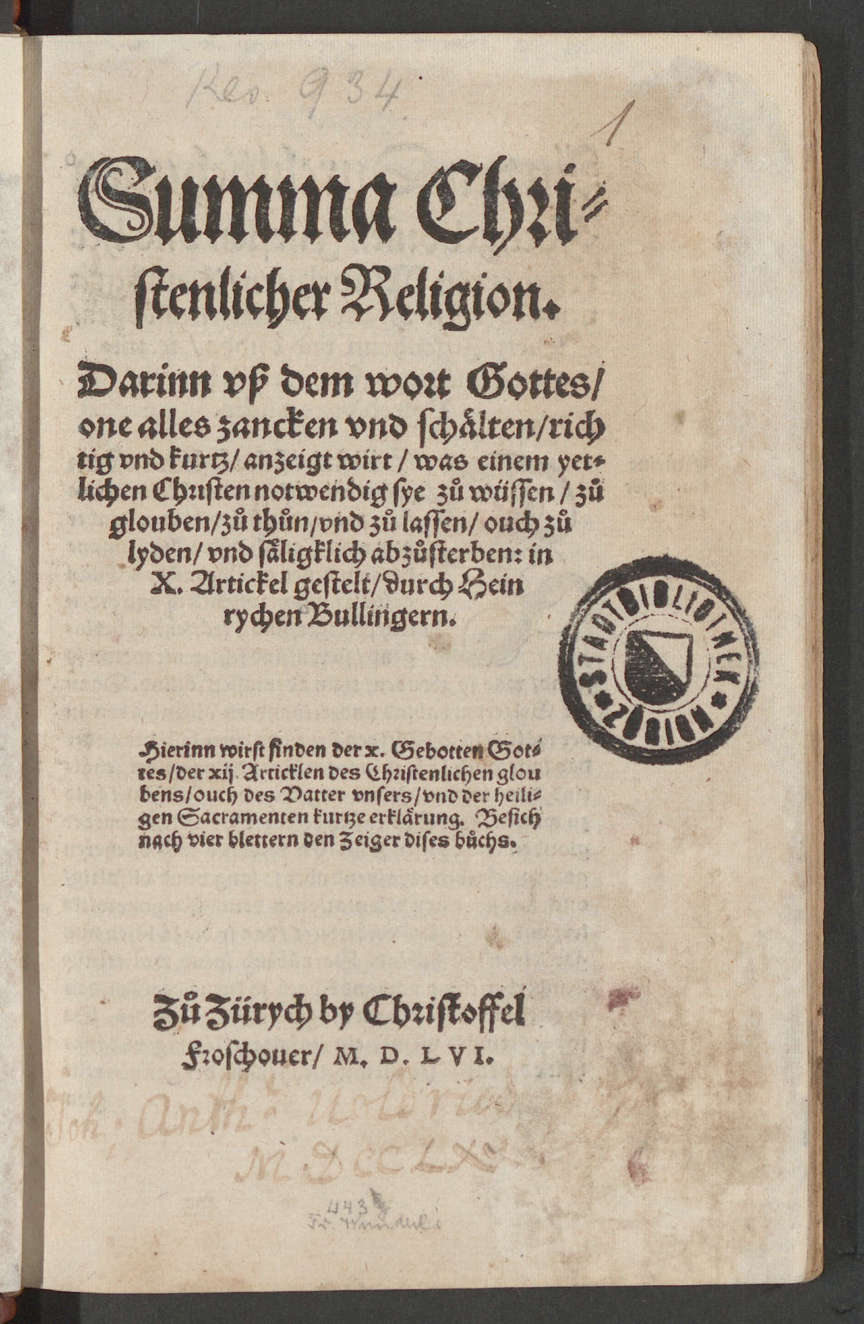 Titelseite Heinrich Bullinger, Summa Christlicher Religion